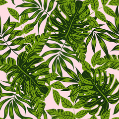 Fototapeta premium Trend seamless pattern with green tropical plants and leaves on a delicate pink background. Illustration in Hawaiian style. Jungle leaves. Botanical pattern. Vector background for various surface. 