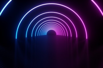 3d illustration, glowing lines, tunnel, neon lights, virtual reality, abstract background