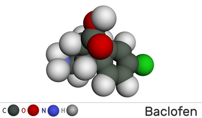 Baclofen molecule C10H12ClNO2, is a medication used to treat muscle spasticity. Molecular model
