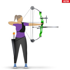 Archer with Compound Bow Archery Sport. Archery Sport Equipment. Athlete Archer Woman Aiming an arrow. Vector Illustration isolated on white background.