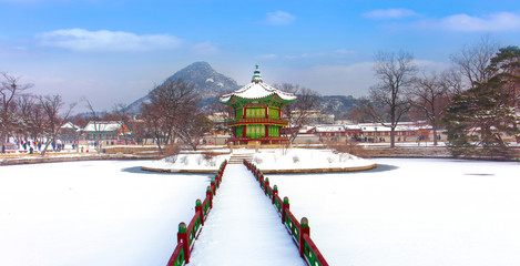 Hyangwonjeong Pavilion,Gyeongbokgung Palace in winter Seoul,South Korea.