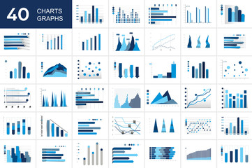 Big set of charst, graphs. Blue color. Infographics business elements. - obrazy, fototapety, plakaty