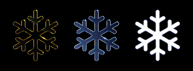 Vector set of decorative snowflakes. Golden, blue crystal and white icons are isolated on a black background. Transparent surface. 3D realistic objects. Symbol of winter, Christmas and frosty weather
