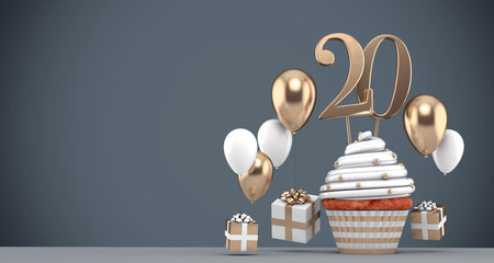 Number 20 gold birthday cupcake with balloons and gifts. 3D Render