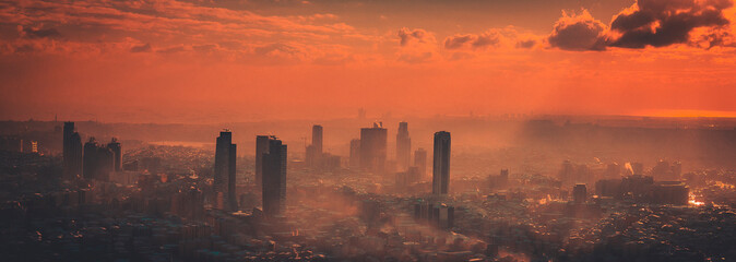 Obraz na płótnie Canvas Foggy aerial and artistic ciew from Istanbul during sunset