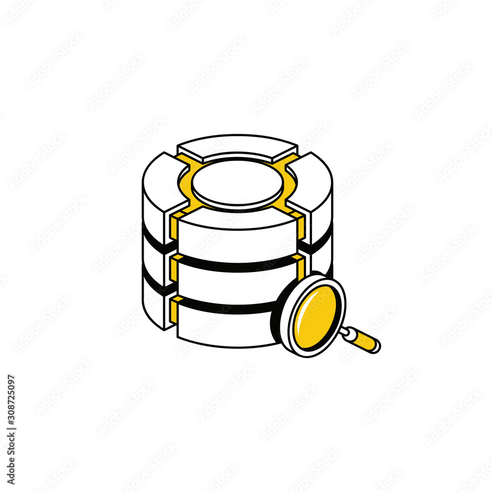 Poster server big data magnifier search. vector line, 3d stroke isometric, color web icon, new flat style. 