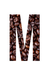 Stencil letter M on textured background of coffee bean