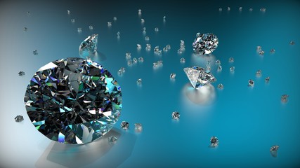 Group of Clear Diamonds on light blue metal background. 3d rendering