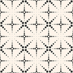 Vector seamless pattern, halftone dotted lines. Texture with small dots, crosses, flashes, fireworks. Square grid, repeat tiles. Abstract geometric monochrome background. Design for decor, fabric, web