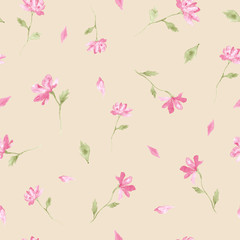 Pink flowers watercolor painting - hand drawn seamless pattern on beige background