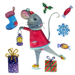 Big watercolor set of christmas decoration items: mice, sweets, gifts, tree, snowflake, stars, socks. Isolated on white background