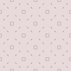 Vector minimalist seamless pattern with small shapes, arrows, squares, delicate grid. Abstract geometric background in soft pastel colors, pallid purple and rose. Subtle elegant texture. Repeat design
