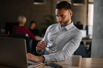 Young businessman using laptop in his office