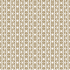 Vector geometric seamless pattern in traditional Asian style. Tribal ethnic motif. Golden ornament with lines, rhombuses, grid, mesh. Abstract white and brown texture. Wooden background. Repeat design