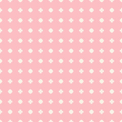 Pink vector seamless pattern. Simple geometric texture with polka dots, circles, flowers. Abstract minimal colorful background for babies, girls. Vintage design for decoration, prints, textile, cloth