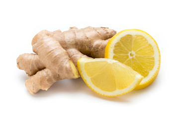 Ginger bio and lemon on white background.