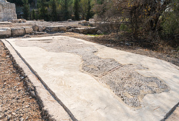 The remains of the mosaic floor on the ruins of the Byzantine church complex on the territory of Emmaus Nicopolis