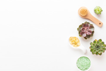 Bio herbal green cosmetic arrangement, sea salt and handmade cosmetic.