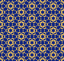 Abstract floral geometric seamless pattern with hexagonal shapes, stars, flower silhouettes, grid, mesh. Vector ornamental texture. Elegant background in navy blue and yellow colors. Repeat design