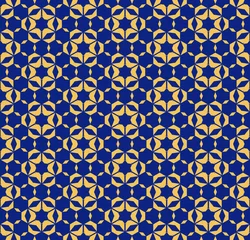 Foto op Plexiglas Donkerblauw Abstracte geometrische naadloze bloemenpatroon met zeshoekige vormen, sterren, bloem silhouetten, raster, mesh. Vector decoratieve textuur. Elegante achtergrond in marineblauwe en gele kleuren. Herhaal ontwerp
