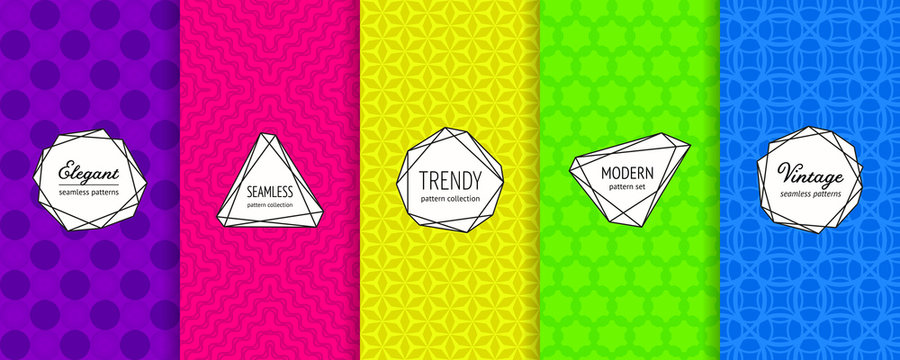 Geometric seamless patterns collection. Vector set of bright colorful background swatches with modern minimal labels. Vibrant neon abstract textures. Trendy design. Purple, pink, yellow, green, blue
