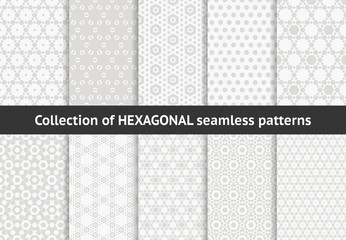 Subtle hexagon patterns collection. Vector geometric seamless textures with hex shapes, honeycombs, hexagonal grid. Set of delicate minimal abstract background swatches. Vintage repeatable design 