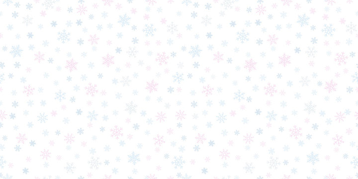 Snowflakes seamless background. Subtle vector pattern with small hand drawn colored snowflakes on white backdrop. Winter holidays theme, Christmas and New Year texture. Elegant repeat design for decor
