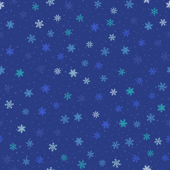 Winter seamless pattern. Blue Christmas and New Year background with small scattered snowflakes, dots. Elegant repeat vector texture. Festive winter holiday theme. Illustration on snowfall, blizzard
