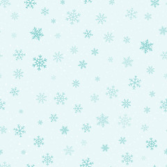 Vector snow background. Simple Christmas and New Year seamless pattern with different small snowflakes on green background. Winter holidays theme. Cute repeat design for decoration, gift card, banner