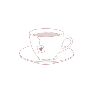 A cup of tea with a saucer. Illustration in pink and white. Line drawing.