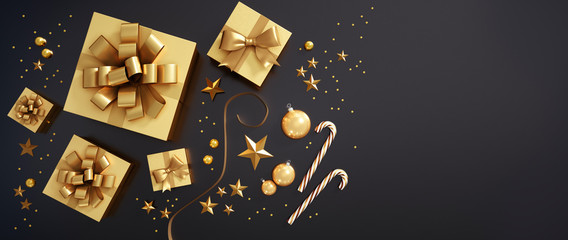 Golden gift boxes with golden bows and stars on dark background - 3D illustration