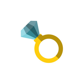 Vector flat icon of a ring with huge diamond on it. Simple ring illustration with incrustrated expencive luxury gemstone. Diamond in a ring, vector flat illustration isolated on white