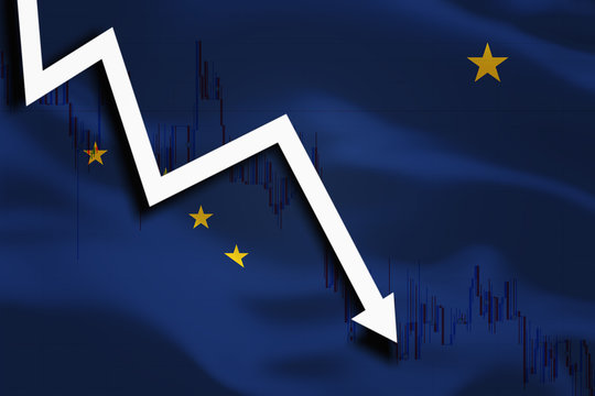 Alaska US State background with waving flag white arrow and stocks chart fall down.