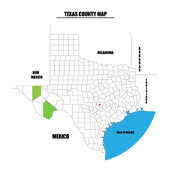 County map of Texas state, USA. Every county is named in Layers panel. Easy to select and edit entire content.