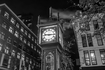 Old Steam Clock in Vancouver's historic Gastown district at night