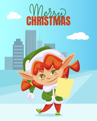 Merry Christmas greeting card with elf cartoon character holding letter. Winter holiday postcard gnome fairy hero with paper and cityscape view. Xmas helper near high buildings and ice land vector