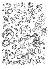 Space. Doodles. Black and white illustration, hand-drawn and processed in a computer program into a vector image.