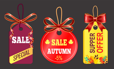 Obraz premium Special autumn sale and super offer for shopping. Round label and two rectangle tags with promotion caption to inform about clearance. Bow and tape to decor advertising label. Vector illustration