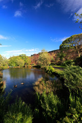 View over Ilkley Moor Tarn, above the town of Ilkley, West Yorkshire, England, UK