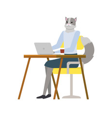 Hipster animal cat working with laptop, woman character using wireless device or computer at desktop, workplace of office element, portrait view vector