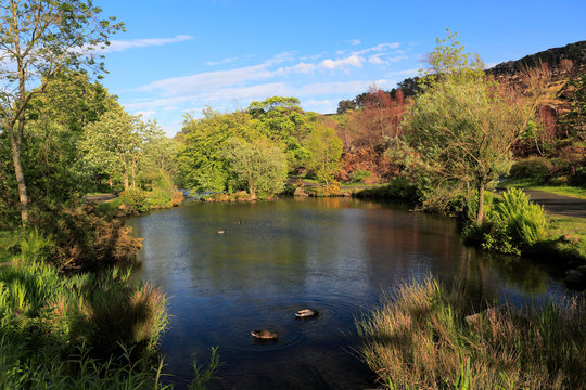 View over Ilkley Moor Tarn, above the town of Ilkley, West Yorkshire, England, UK