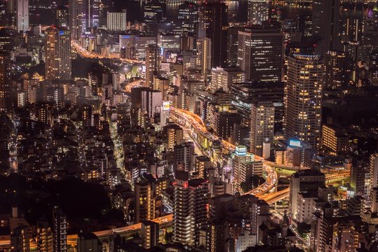 High Angle Shot Of The Night Lights Of The City Of Tokyo In Japan