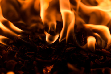Fire flame burning glowing on black dark background, hot heat energy fuel fire motion pattern...