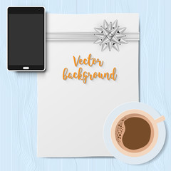 Vector Flat lay style greeting card with coffee cup and phone on wooden table