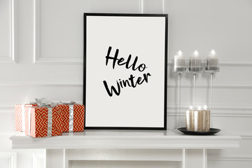 White wall background with fireplace and free space for your decoration. Winter background and copy space. 