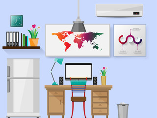 office with a desk. Bookshelves and computer flat design, Vector illustration.