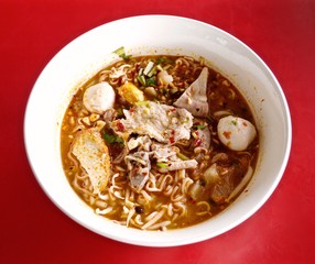 Tom Yum Noodle Soup, Thai food, Noodle soup on red table