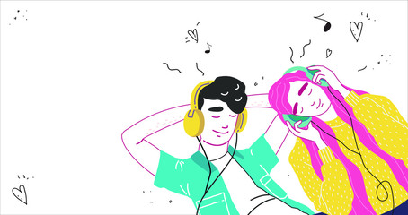 Obraz premium Lovers boy and girl listen to music on headphones. Couple in a relationship in love. Banner with place for text in modern style