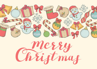 Merry Christmas. Festive banner with Christmas doodles