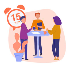 Daily scrum. Team standing around the table and making 15 min Stand-up Scrum, Vector concept illustration.